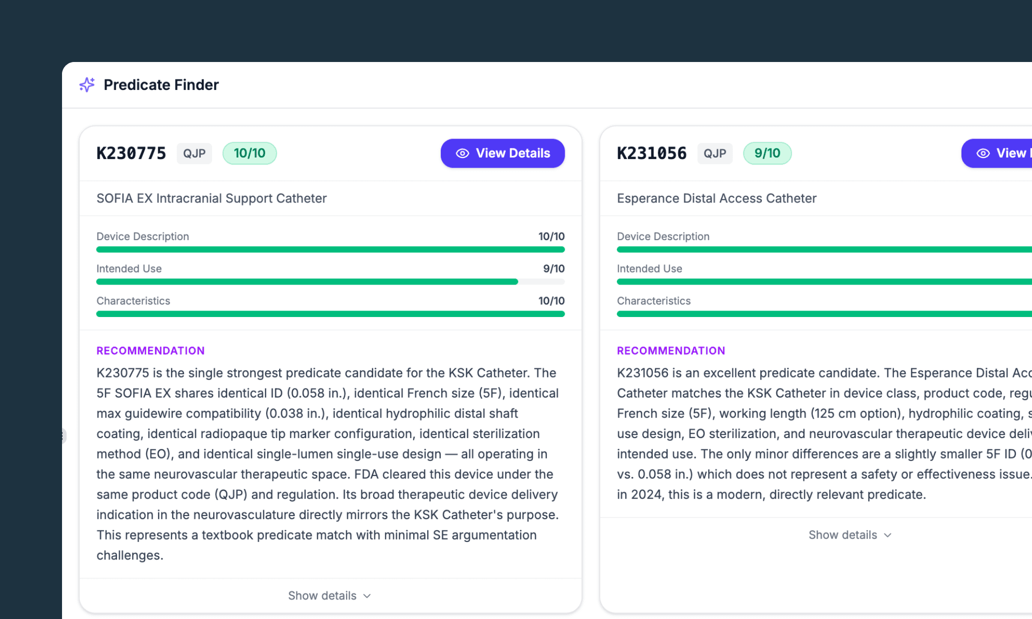 Complizen Predicate Finder — predicates ranked by similarity, each with its FDA citation